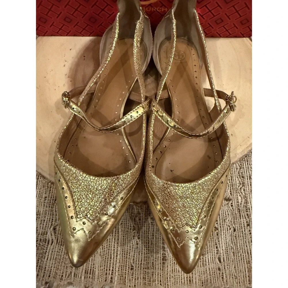 Tory Burch Bernadette 9M metallic Gold leather Mary Jane pointed-toe flats 358$ - Picture 3 of 14